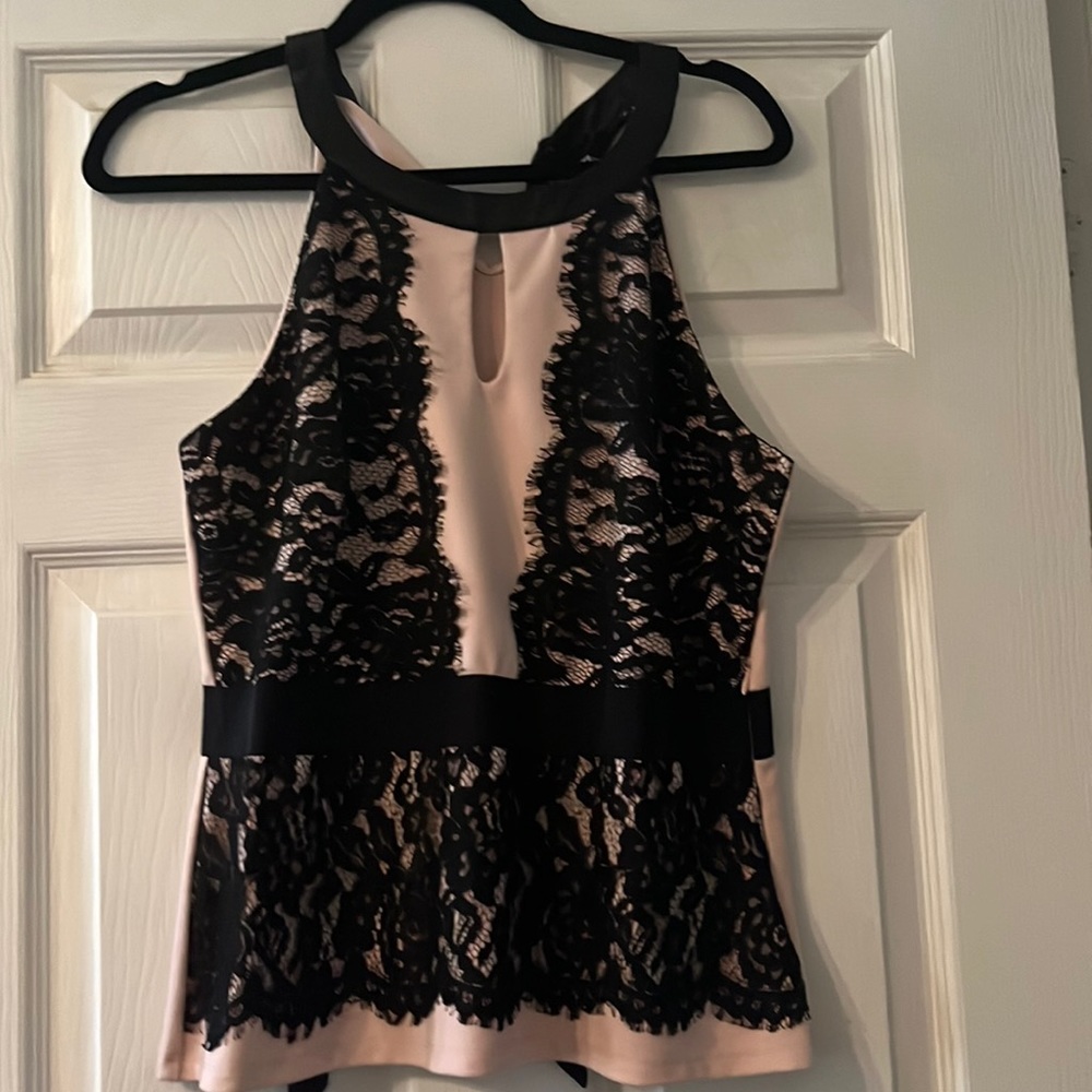 Lightly worn pink and black accent lace blouse. Dress up or down.